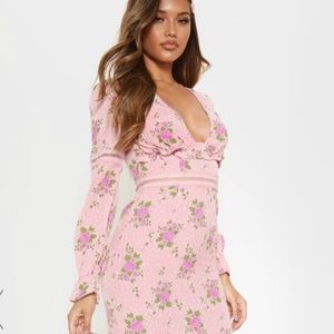 NWT PrettylittleThing Cottagecore Barbie Pink Floral Roses Ruffle Dress Size 2